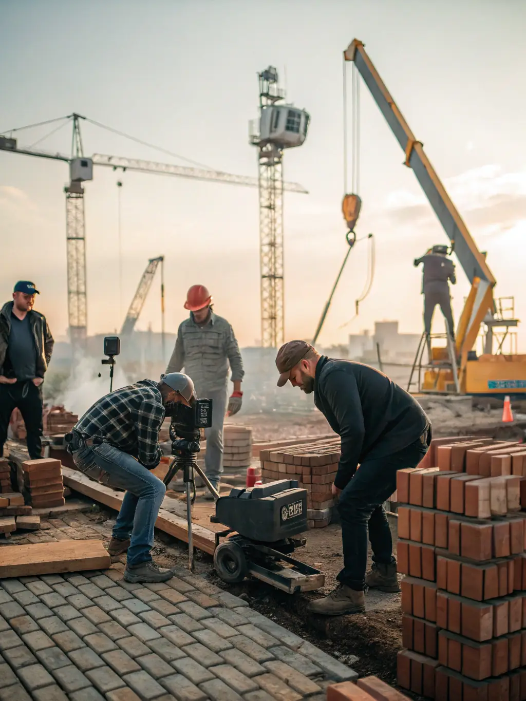 An image of a construction project progressing smoothly, with various subcontractors working efficiently, representing the improved project efficiency with SubRyl.