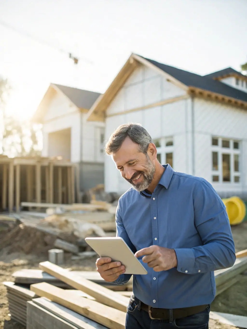 A professional contractor reviewing a subcontractor's profile on a tablet at a construction site, showcasing the ease of finding talent through SubRyl.