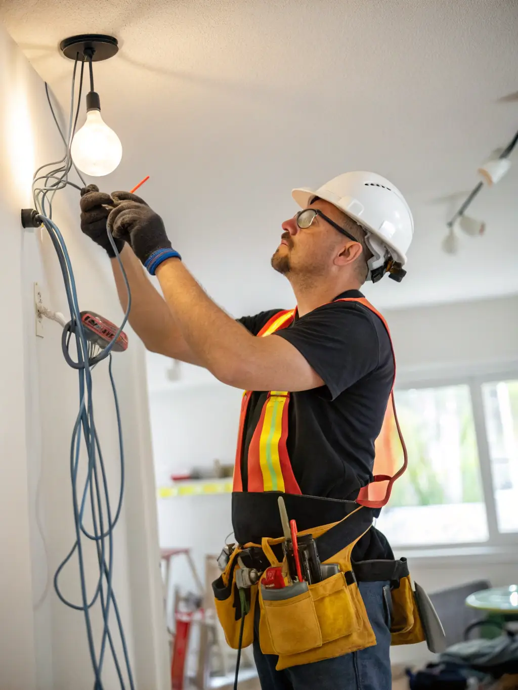 A licensed electrician installing wiring in a new building, ensuring safe and efficient electrical systems.