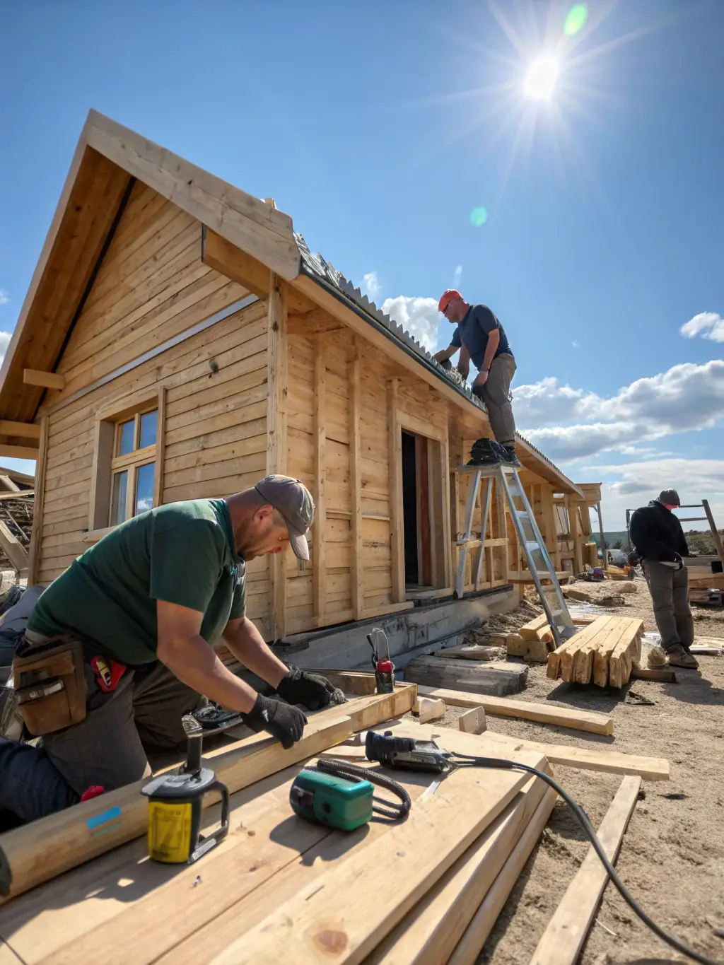 A professional framer constructing the wooden frame of a new house, showcasing precision and expertise.